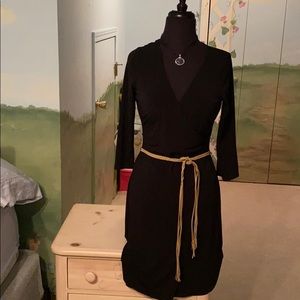 Sigrid Olsen black wrap dress w/ taupe suede belt